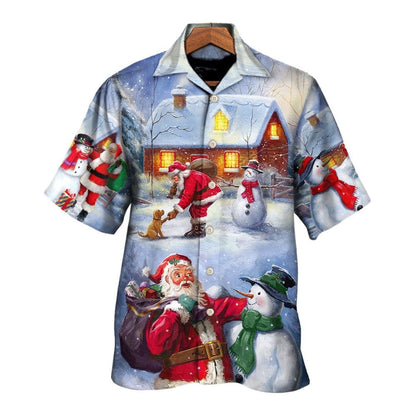 Hawaiian Christmas shirt, Christmas Santa Love Snowman In The Village Gift For Xmas Hawaiian Shirt, Christmas Gift, Hawaiian Aloha Shirt