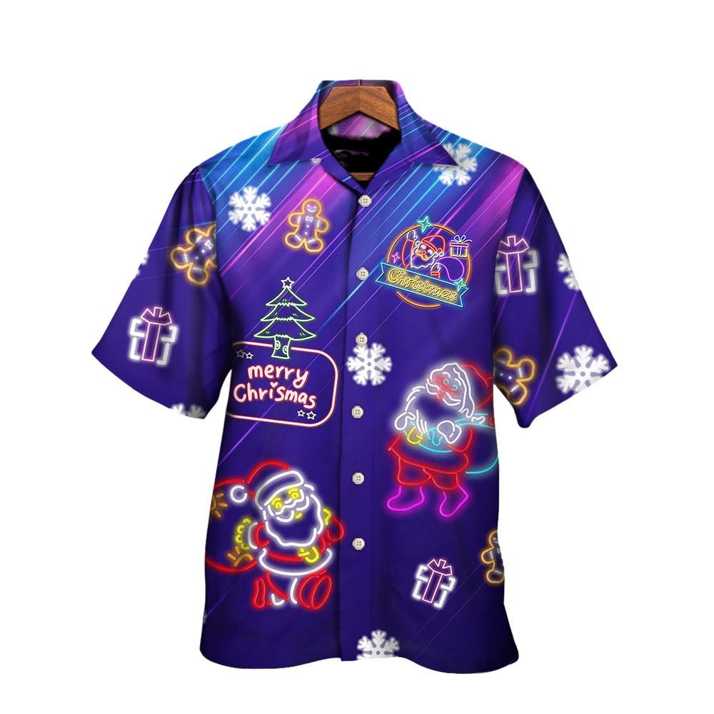 Hawaiian Christmas shirt, Christmas Santa Neon Light Xmas Party Hawaiian Shirt, Christmas Gift, Hawaiian Aloha Shirt