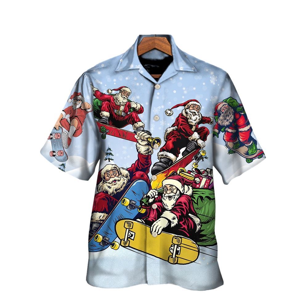 Hawaiian Christmas shirt, Christmas Santa Skateboard Snow Day Hawaiian Shirt, Christmas Gift, Hawaiian Aloha Shirt
