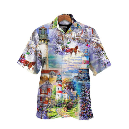 Hawaiian Christmas shirt, Lighthouse Christmas Santa Through The Storm Hawaiian Shirt, Christmas Gift, Hawaiian Aloha Shirt