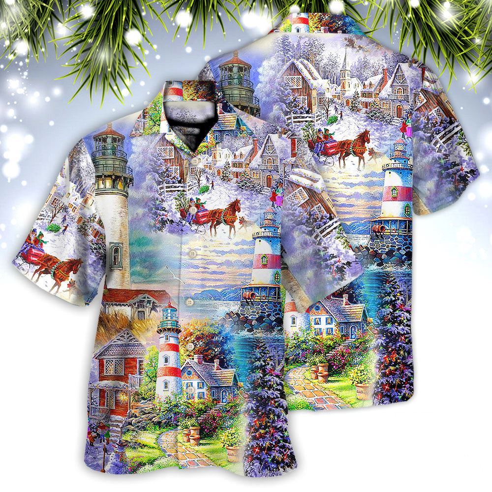 Hawaiian Christmas shirt, Lighthouse Christmas Santa Through The Storm Hawaiian Shirt, Christmas Gift, Hawaiian Aloha Shirt