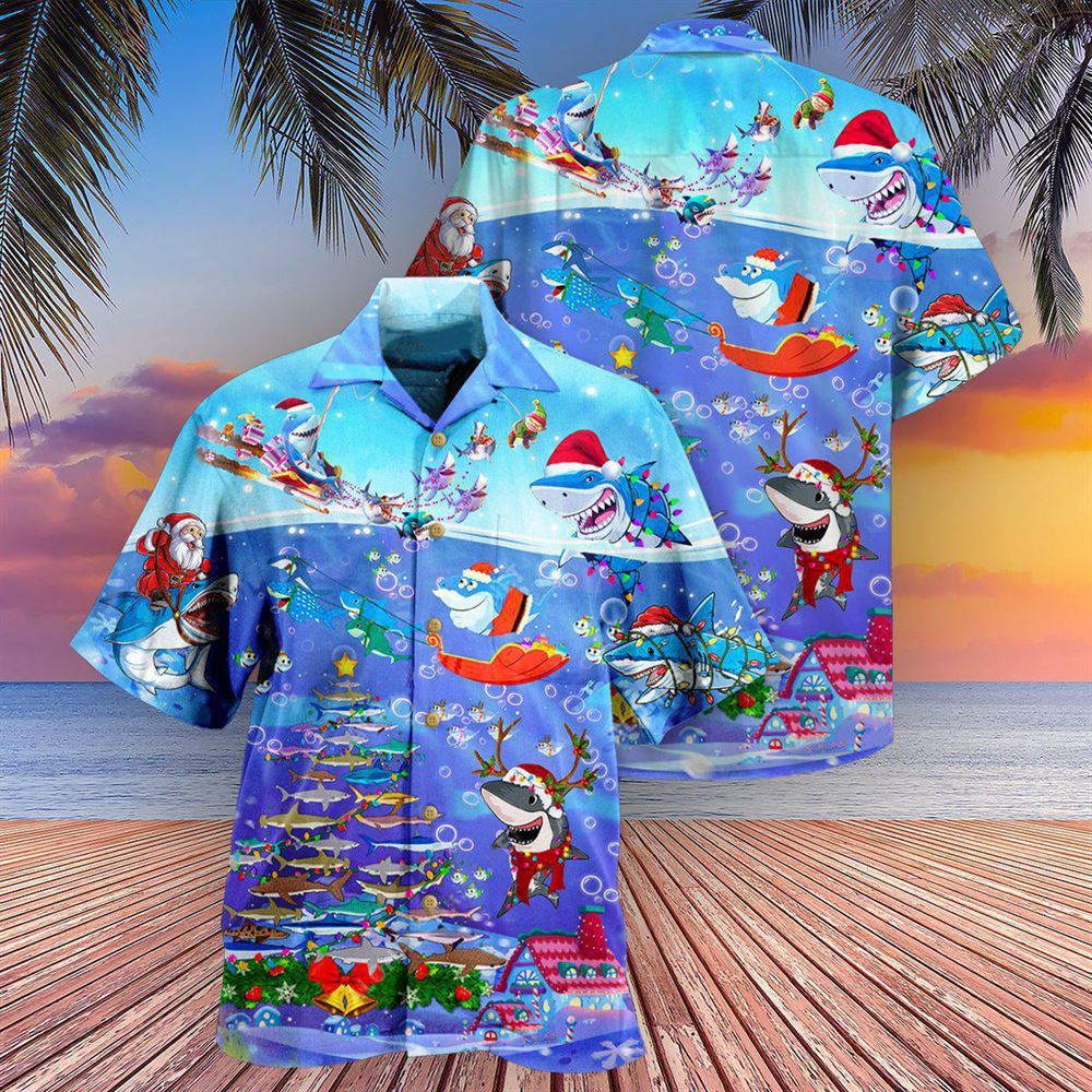 Hawaiian Christmas shirt, Shark Christmas Santa Shark Sits On Rockets And Brings Gifts To Ocean Hawaiian Shirt, Christmas Gift, Hawaiian Aloha Shirt