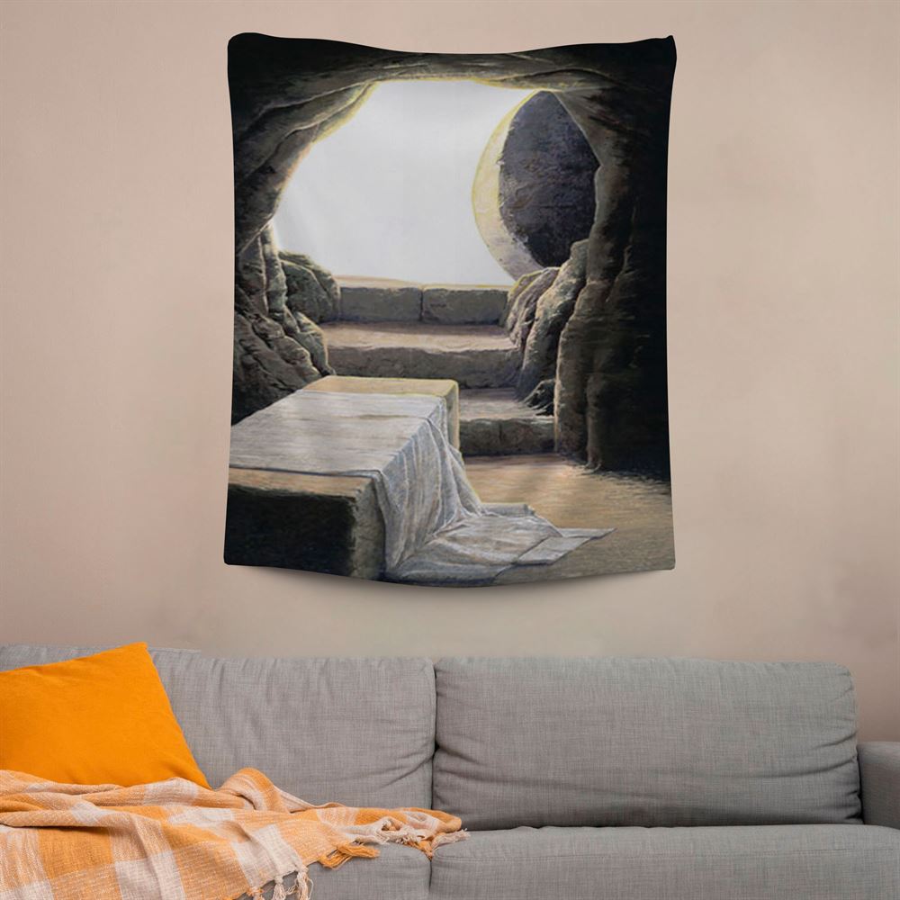 He Is Risen Empty Tomb Tapestry Pictures, Scripture Wall Art, Tapestries Spiritual For Bedroom