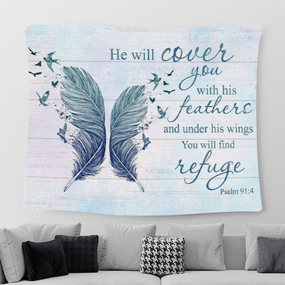 He Will Cover You With His Feathers Psalm 914 Bible Verse Tapestry Wall Art _9138 - Christian Tapestries For Room Decor