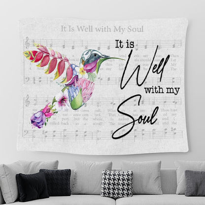 Hummingbird Flower - It Is Well With My Soul Tapestry Wall Art - Christian Tapestries For Room Decor