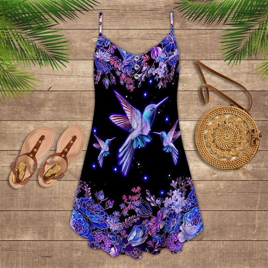 Hummingbird Purple Spaghetti Strap Summer Dress For Women On Beach Vacation, Hippie Dress, Hippie Beach Outfit