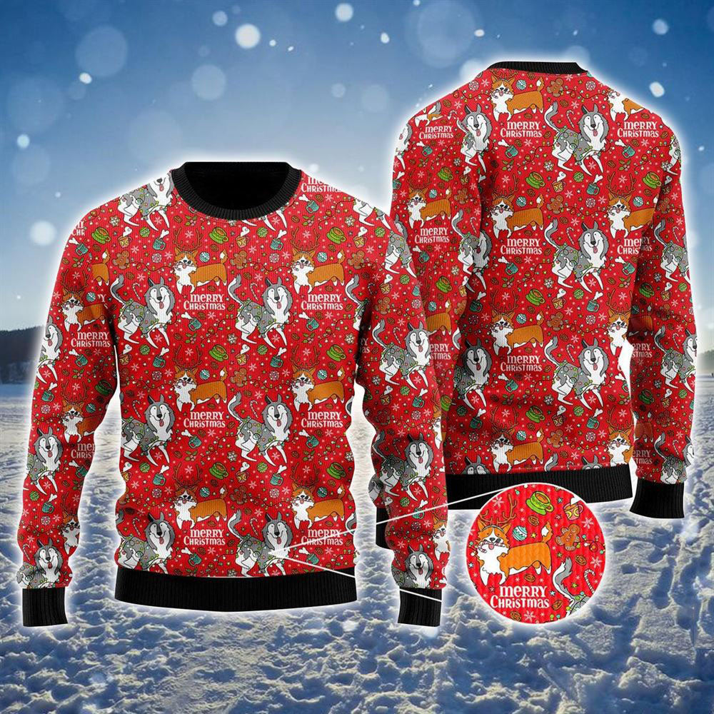 Husky Corgi Merry Christmas Ugly Christmas Sweater, Christmas Gift For Dog Love, Christmas Fashion Winter