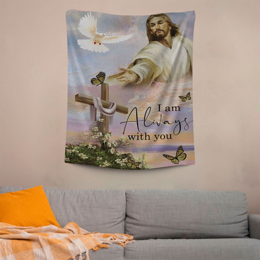 I Am With You Always Matthew 2820 Christian Jesus Christ Reaching Out His Hand Tapestry Prints, Scripture Wall Art, Tapestries Spiritual For Bedroom