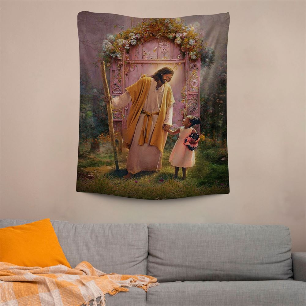 Jesus And Child Girl Tapestry Pictures  Jesus Art Prints, Scripture Wall Art, Tapestries Spiritual For Bedroom