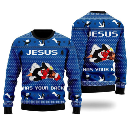 Jesus Has Your Back Jiu Jitsu Ugly Christmas Sweater For Men & Women, Christian Sweater, God Gift, Gift For Christian, Jesus Winter Fashion