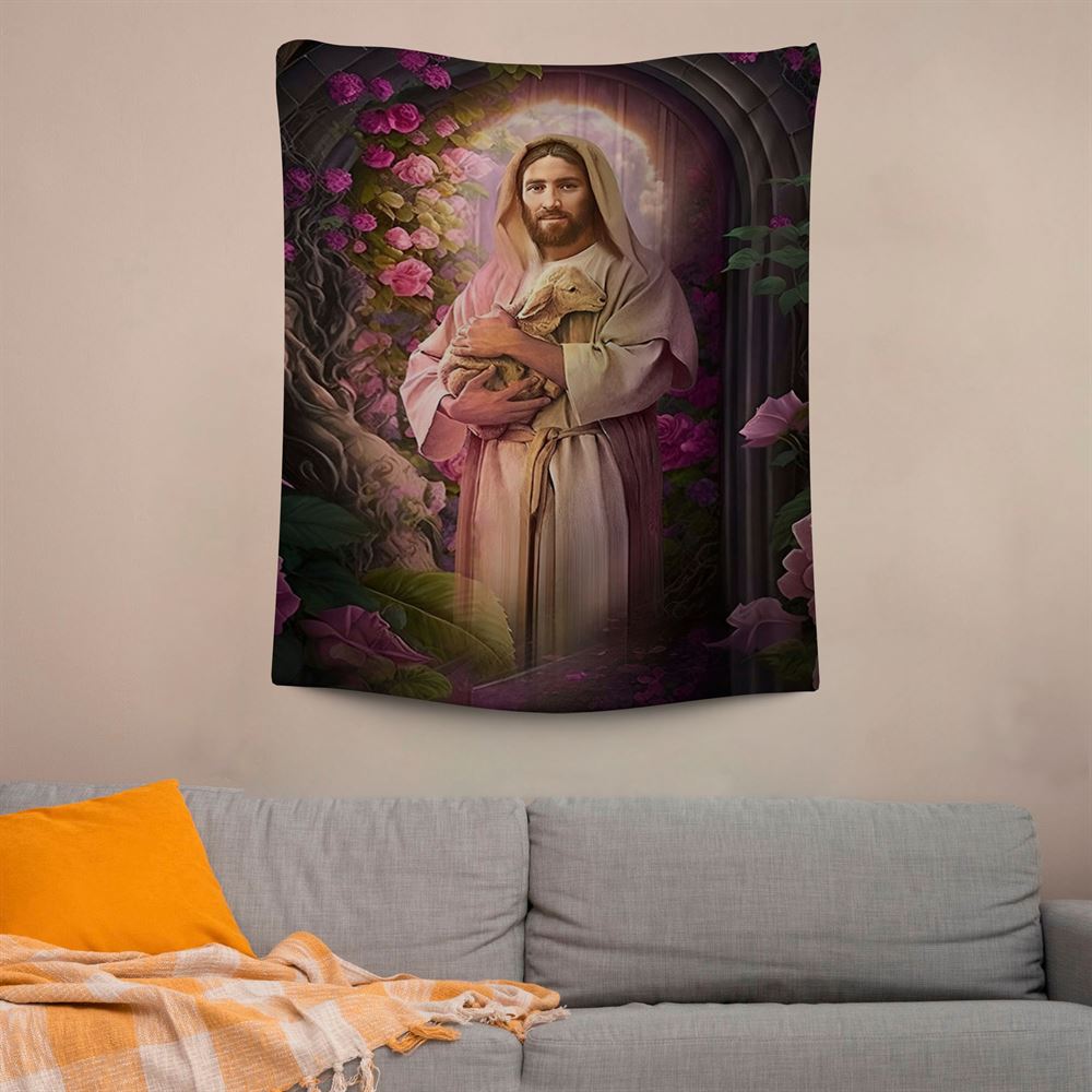 Jesus Holding A Lamb Tapestry Pictures, Scripture Wall Art, Tapestries Spiritual For Bedroom
