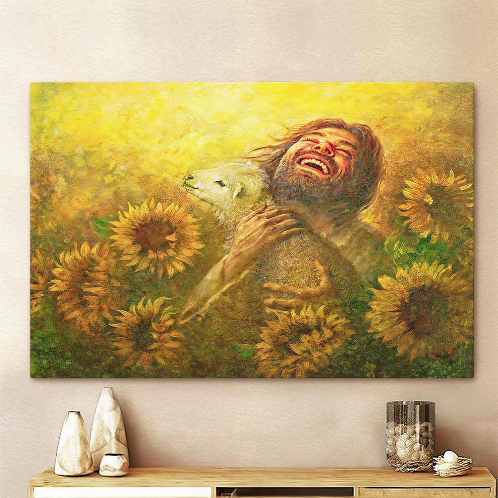Jesus Holding Lamb In The Field Of Sunflower Canvas Wall Art - Jesus Christ Canvas - Christian Canvas Prints