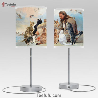 Jesus Is Surrounded By Cats Table Lamp Bedroom Decor - Jesus Christ Table Lamp - Christian Table Lamp Prints