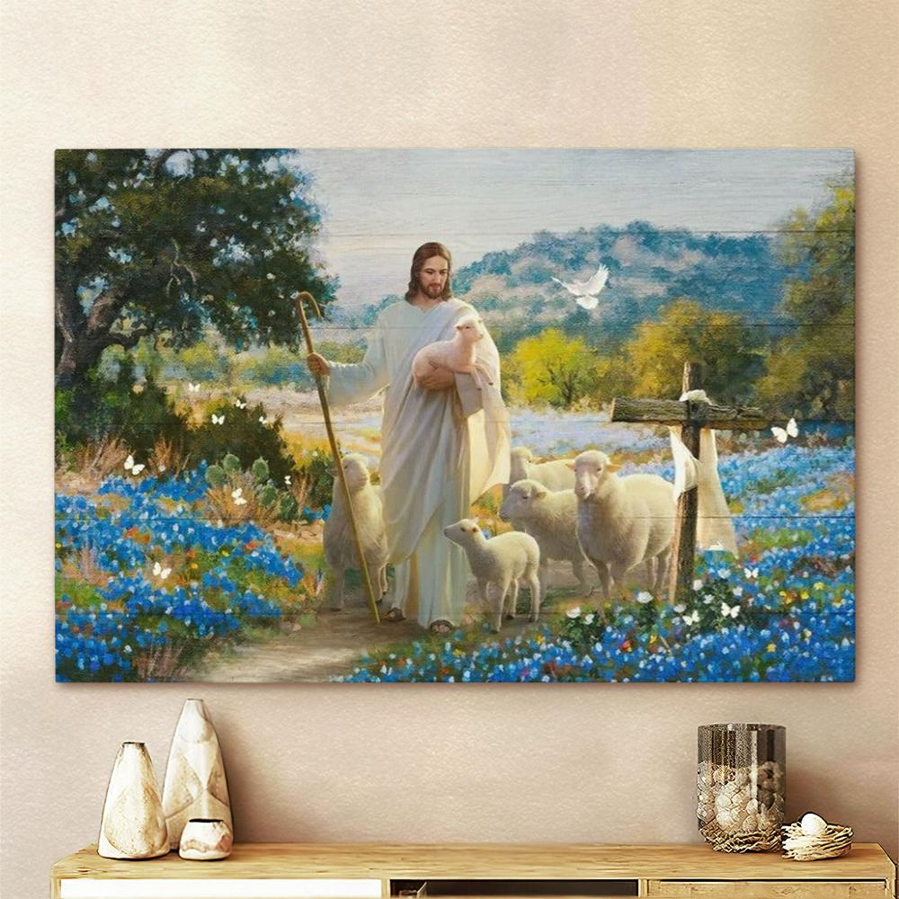 Jesus Lambs Of God Blue Flowers Cross Canvas Post