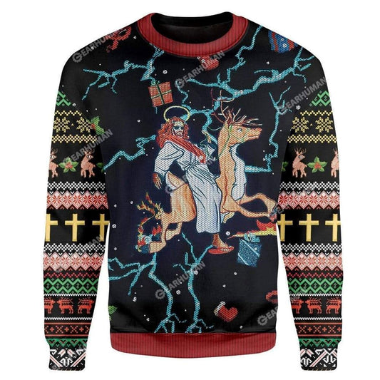 Jesus Riding Reindeer Black Ugly Christmas Sweater For Men & Women, Christian Sweater, God Gift, Gift For Christian, Jesus Winter Fashion