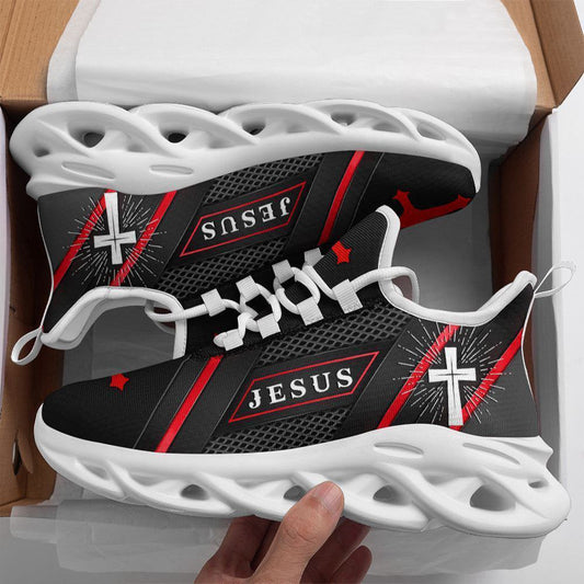 Jesus Running Sneakers Red Black Max Soul Shoes, Christian Soul Shoes, Jesus Running Shoes, Fashion Shoes