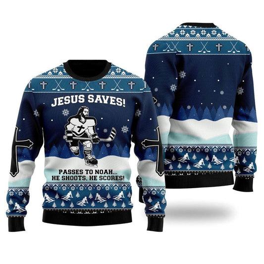 Jesus Saves Hockey Ugly Christmas Sweater For Men & Women, Christian Sweater, God Gift, Gift For Christian, Jesus Winter Fashion