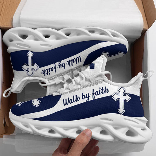 Jesus Walk By Faith Blue Running Christ Sneakers Max Soul Shoes, Christian Soul Shoes, Jesus Running Shoes, Fashion Shoes