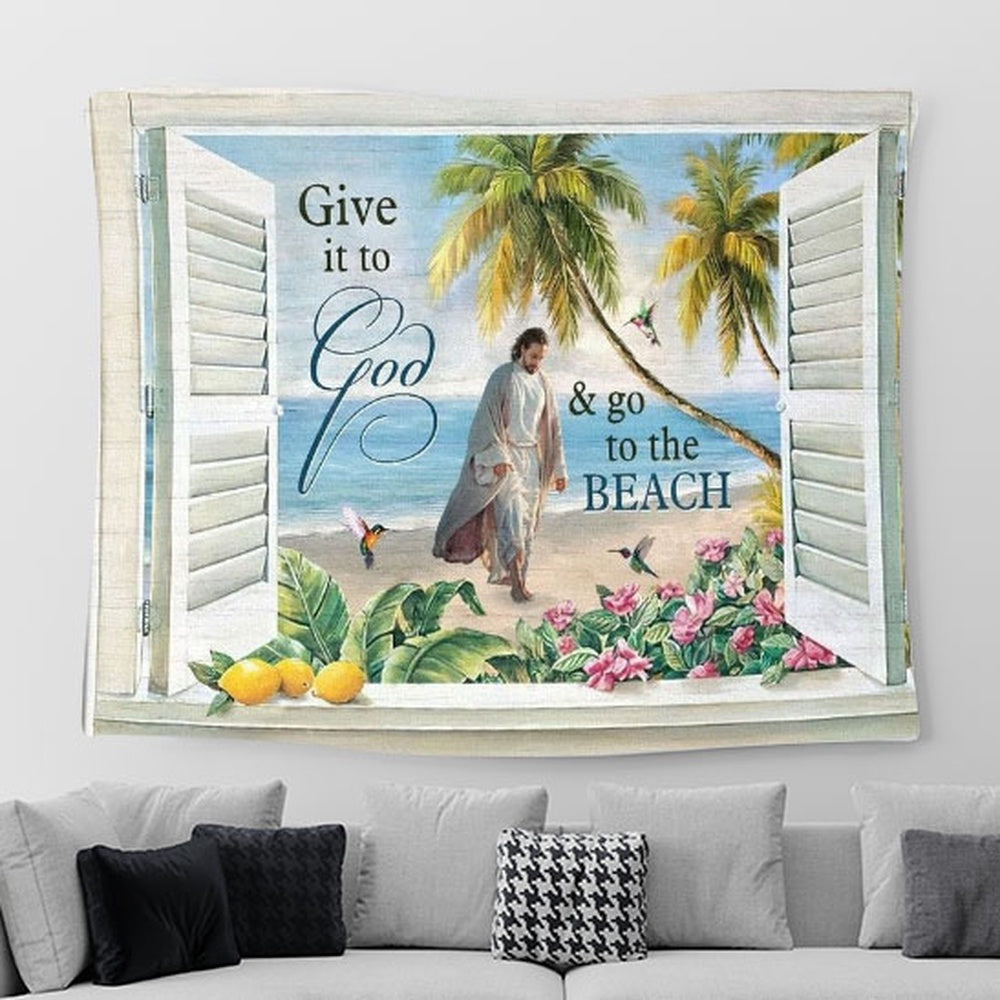 Jesus Walks, Sand Beach, Palm Trees, Give It To God And Go To The Beach Tapestry