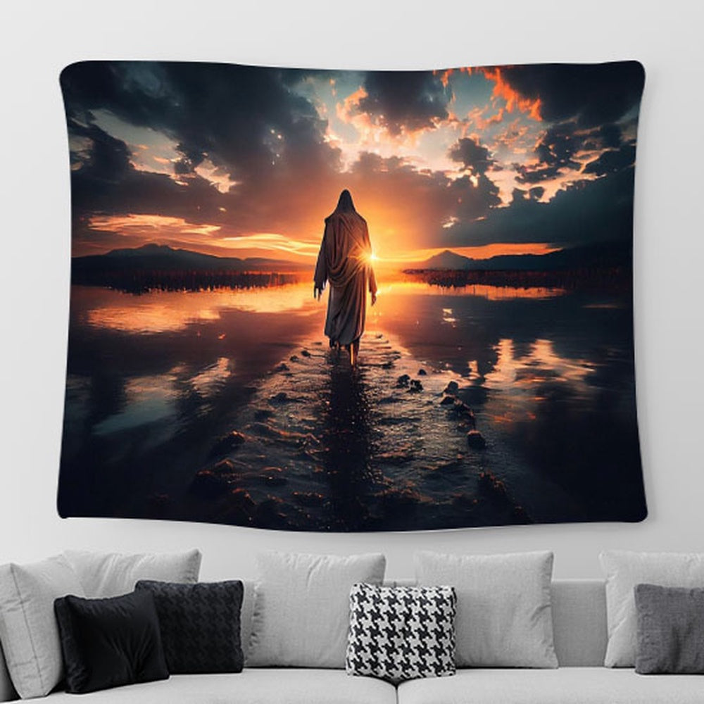 Jesus Walks Water Sunset Tapestry Pictures - Faith Art - Christian Tapestry Wall Art Decor