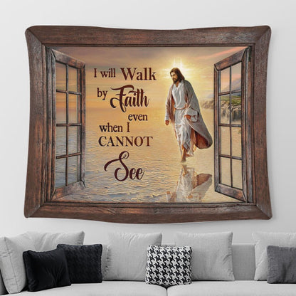 Jesus Walks on beach Tapestry - I will walk by faith Tapestry Wall Art - Bible Verse Tapestry - Religious Prints
