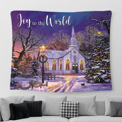 Joy To The World - Country Church In Snow - Christmas Tapestry Wall Art - Christian Tapestries For Room Decor