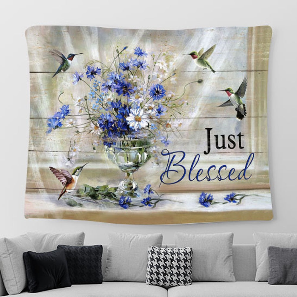 Just Blessed Daisy Flower Hummingbirds Tapestry Wall Art - Bible Verse Tapestry - Religious Prints