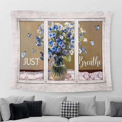 Just Breathe Baby Flower Vase Butterfly Tapestry Wall Art - Bible Verse Tapestry - Religious Prints