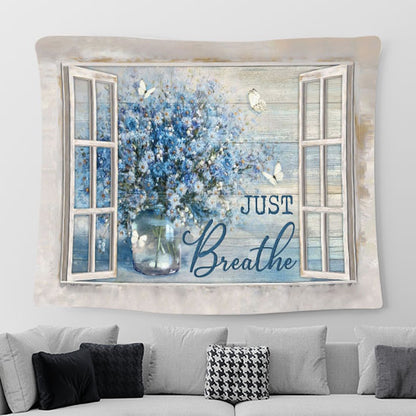 Just Breathe Blue Daisy Vase Butterfly Wall Art Tapestry - Christian Wall Art - Religious Art