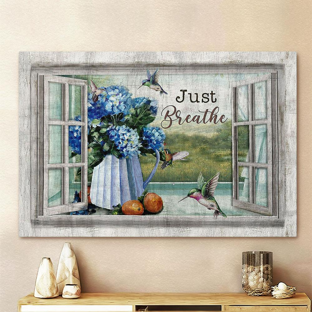 Just Breathe Blue Hydrangea Hummingbird Canvas Wall Art - Bible Verse Canvas - Religious Wall Art