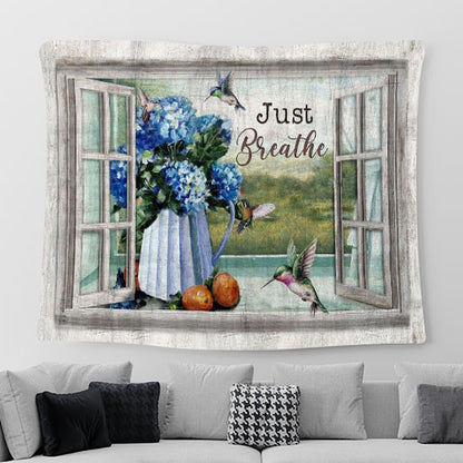 Just Breathe Blue Hydrangea Hummingbird Tapestry Wall Art - Bible Verse Tapestry - Religious Prints