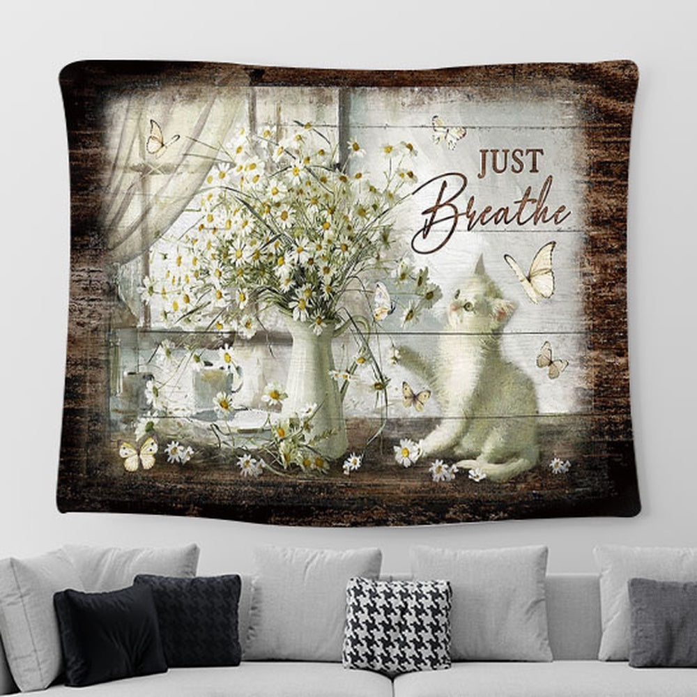 Just Breathe Cat Vintage Flower Daisy Vase Tapestry Painting - Christian Wall Art - Gifts For Cat Lovers