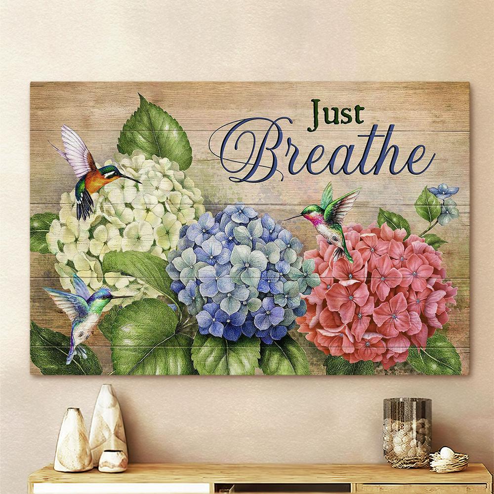 Just Breathe Hydrangea, Hummingbirds Wall Art Canvas - Christian Wall Art - Religious Art
