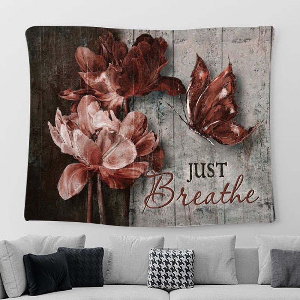 Just Breathe Luxury Flower Dark Red Butterfly Tapestry Art - Christian Wall Art Decor - Bible Verse Tapestry