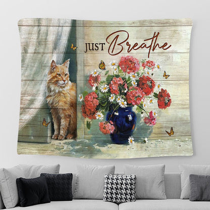 Just Breathe Maine Coon Cat Lovers Tapestry Painting - Christian Wall Art - Gifts For Cat Lovers