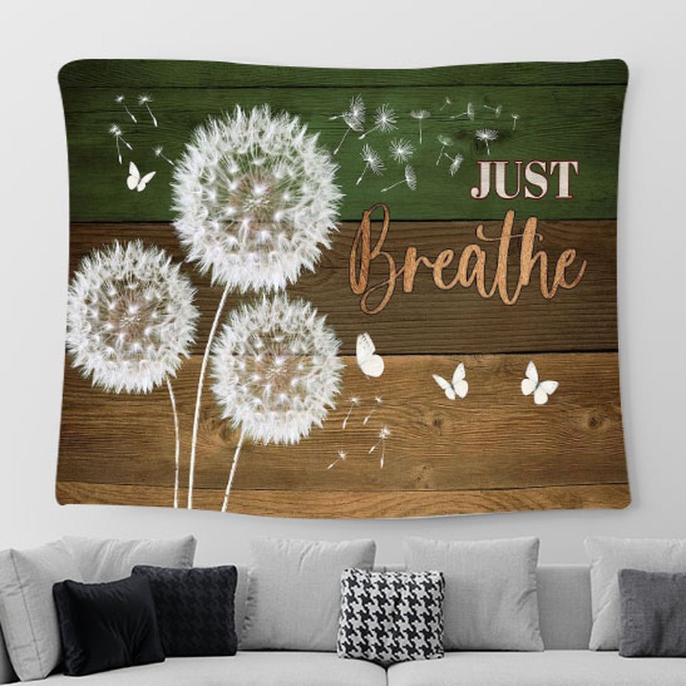 Just breathe Dandelion White butterfly Tapestry Wall Art - Bible Verse Tapestry - Religious Prints