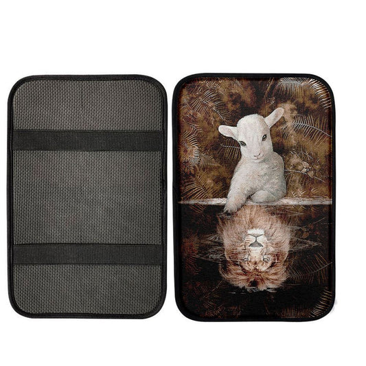 Lamb And Lion King Of Jesus Center Console Armrest Pad, Christian Seat Box Cover, Bible Verse Interior Car Accessories