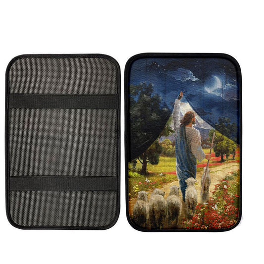Lamb Of God Flower Field Jesus The Good Shepherd Center Console Armrest Pad, Lion Seat Box Cover, Christian Interior Car Accessories