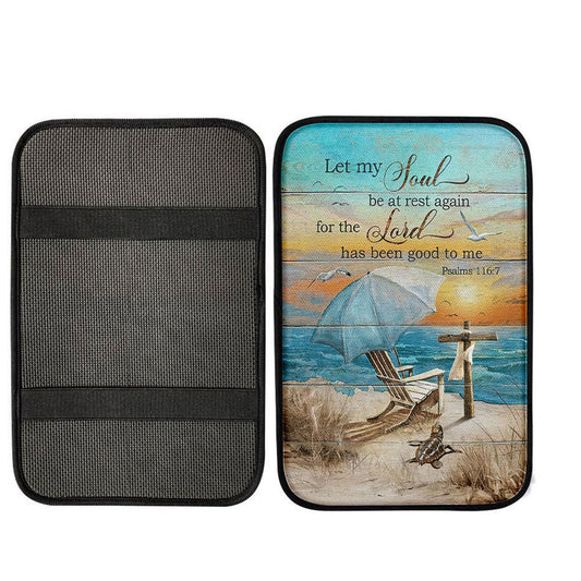 Let My Soul Be At Rest Again Blue Ocean Sunset Wooden Cross Center Console Armrest Pad, Bible Verse Seat Box Cover, Christian Interior Car Accessories