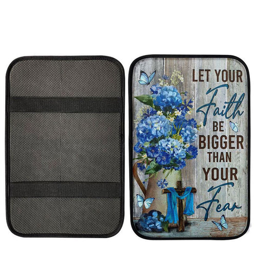 Let Your Faith Be Bigger Than Your Fear Flower Blue Butterfly Center Console Armrest Pad, Lion Seat Box Cover, Christian Interior Car Accessories