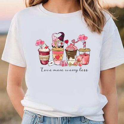 Love More Worry Less Valentine Day Coffee Gnomes T Shirt, Valentine Day Shirt, Valentines Day Gift, Couple Shirt