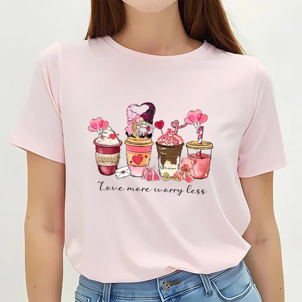 Love More Worry Less Valentine Day Coffee Gnomes T Shirt, Valentine Day Shirt, Valentines Day Gift, Couple Shirt