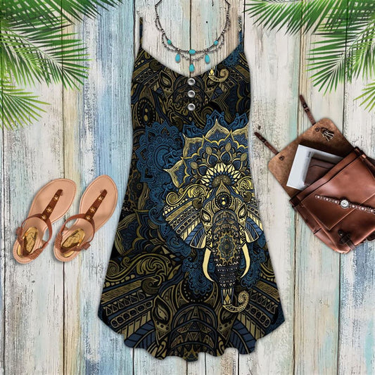 Mandala Elephant Spaghetti Strap Summer Dress For Women On Beach Vacation, Hippie Dress, Hippie Beach Outfit