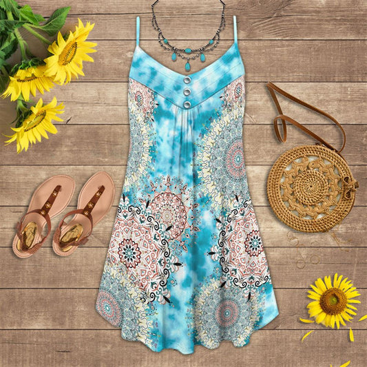 Mandala Hippie Style Spaghetti Strap Summer Dress For Women On Beach Vacation, Hippie Dress, Hippie Beach Outfit