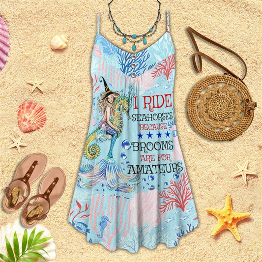 Mermaid I Ride Seahorse Spaghetti Strap Summer Dress For Women On Beach Vacation, Hippie Dress, Hippie Beach Outfit
