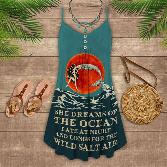 Mermaid Ocean Dream Spaghetti Strap Summer Dress For Women On Beach Vacation, Hippie Dress, Hippie Beach Outfit