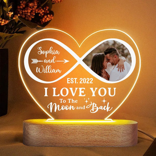 Mother's Day Led Night Light, I Love You To The Moon And Back, Personalized Couple Photo Heart Night Light