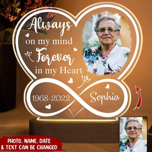 Mother's Day Led Night Light, Infinity Heart Custom Photo Always On My Mind Personalized Memorial Plaque LED Lamp Night Light