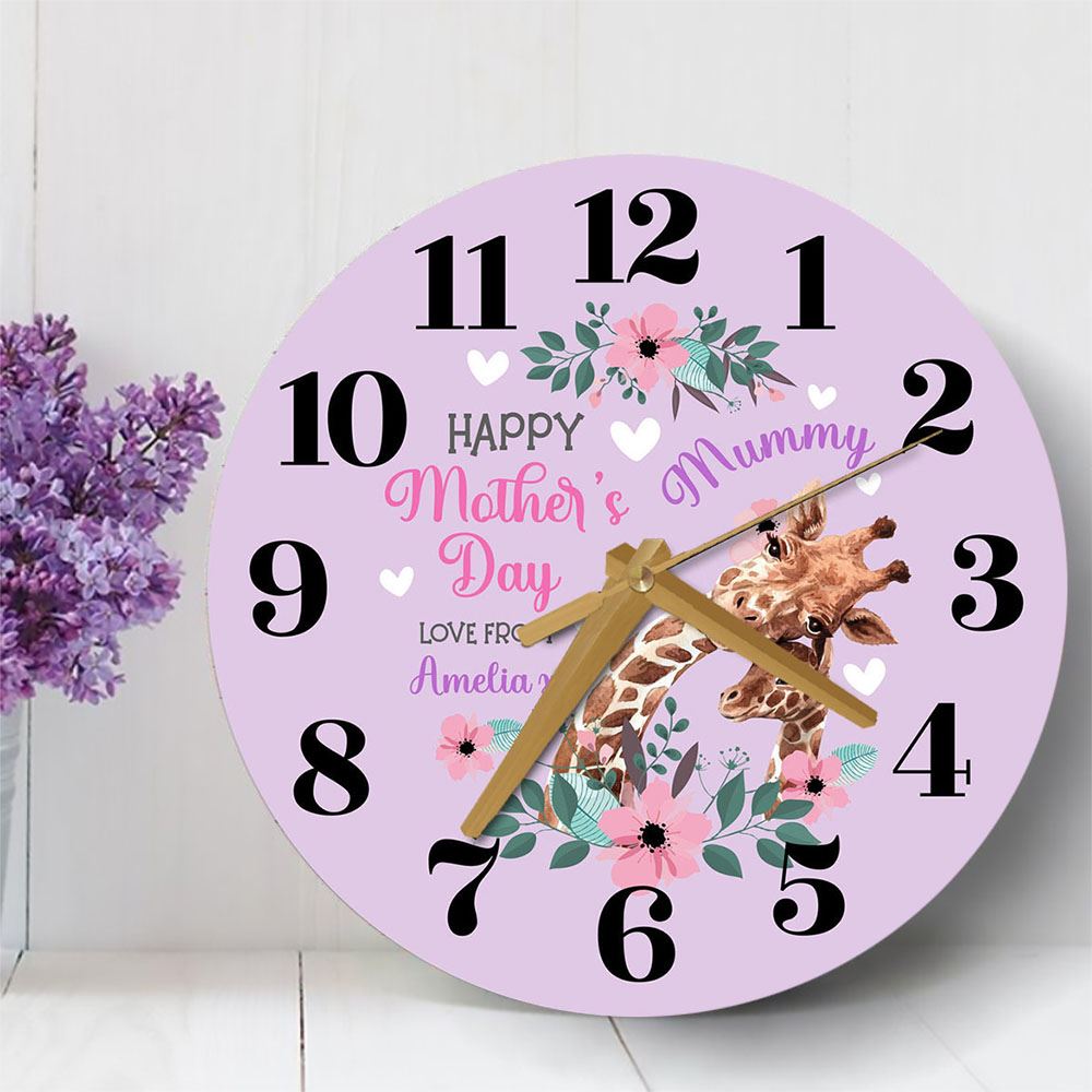 Mummy Mother's Day Gift Giraffe Purple Personalised Wooden Clock, Mother's Day Wooden Clock, Gift For Mom