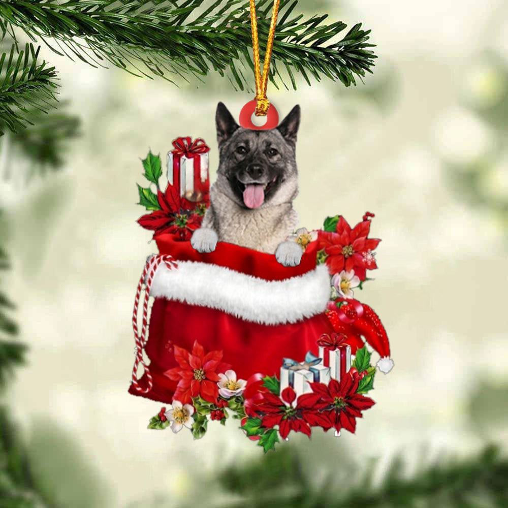 Norwegian Elkhound In Gift Bag Christmas Ornament, Christmas Tree Decoration, Car Ornament Accessories, Christmas Ornaments 2023
